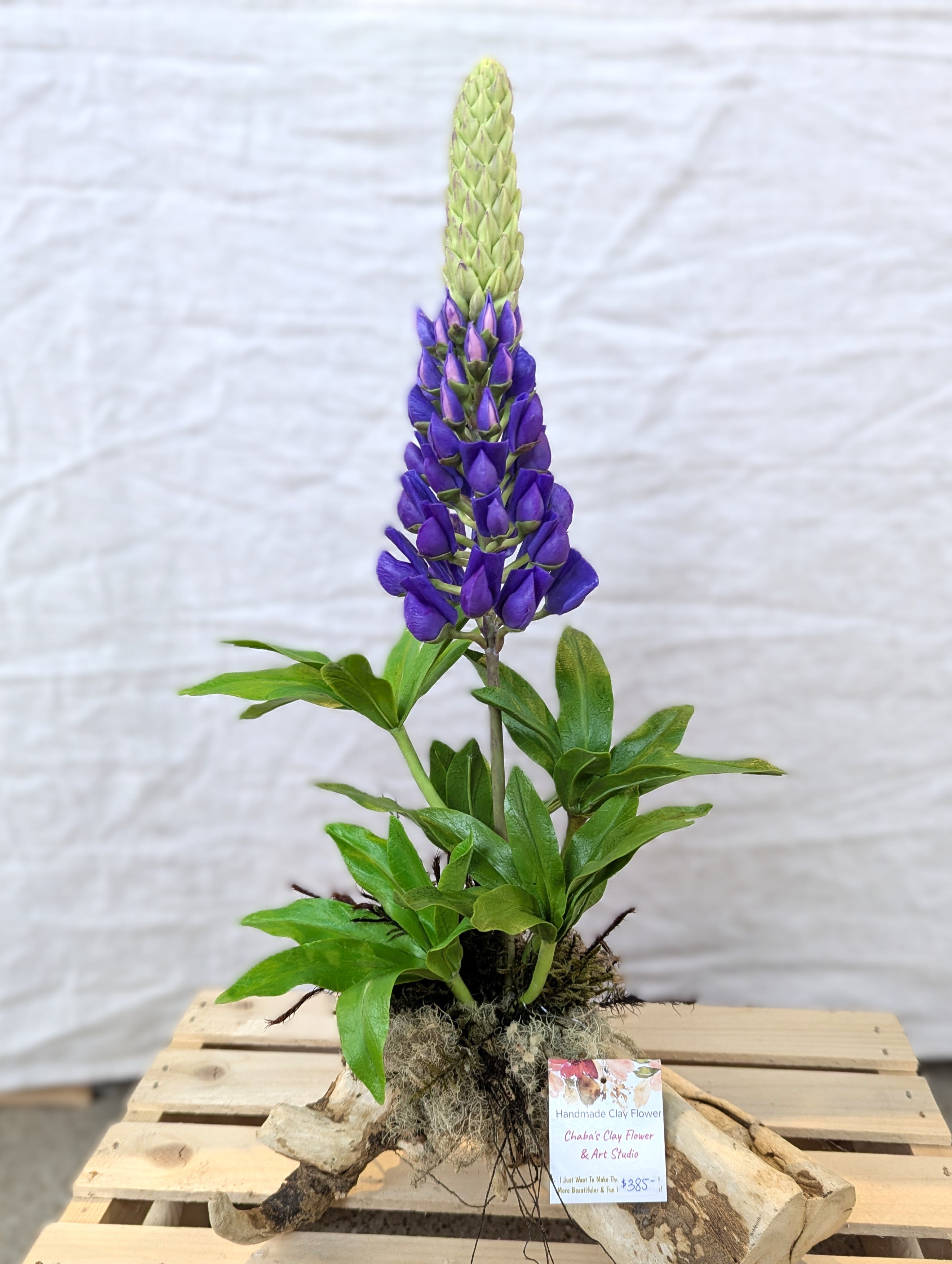 Chaba's Clay Flowers - Lupin on Driftwood